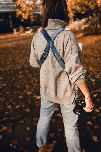 Szelki fotograficzne na 2 aparaty welur Blue Jeans, szelki reporterskie błękitny welurowe, niebieski dżins