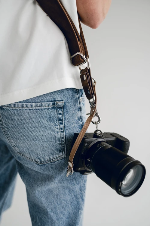 Szelka reporterska fotograficzna do aparatu Czekolada, pasek do lustrzanki brązowy welur