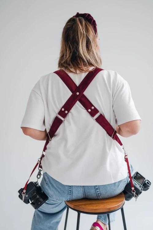 Szelki fotograficzne na 2 aparaty welur BURGUND szelki reporterskie welurowe