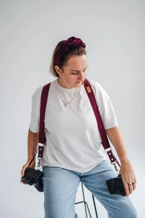 Szelki fotograficzne na 2 aparaty welur BURGUND szelki reporterskie welurowe