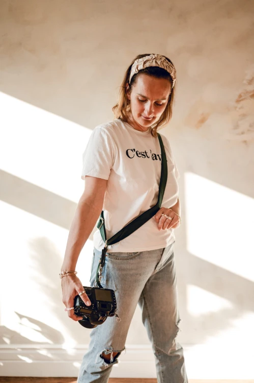 Szelka fotograficzna do aparatu na 1 body butelkowa zieleń welur zielony szelka reporterska welurowa