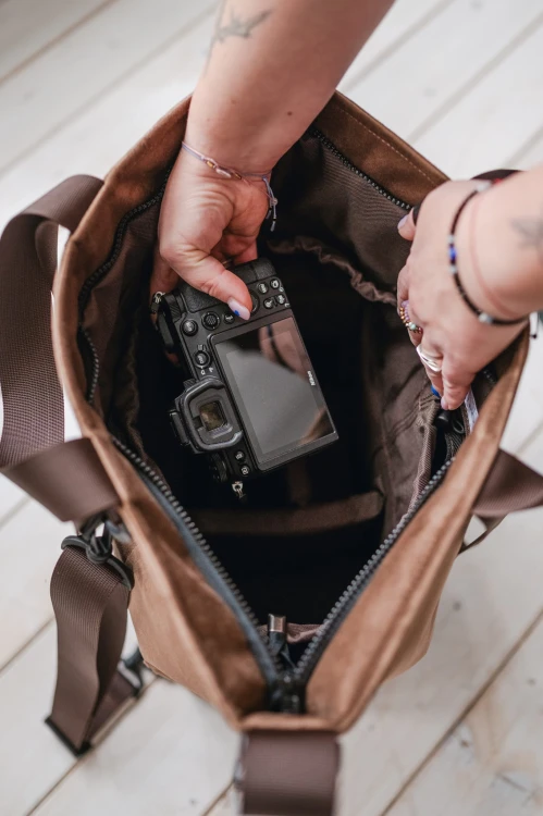 Torbo Plecak Fotograficzny XL CZEKOLADA Torba na aparat brązowy Welur